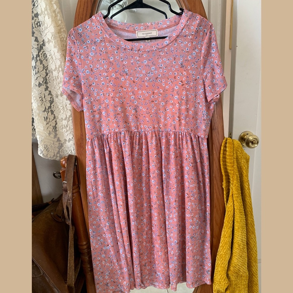 Peach dress with small blue and white flowers